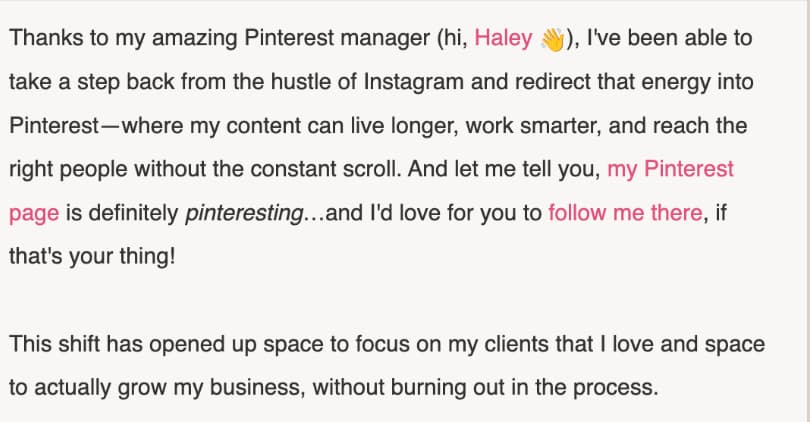 client testimonial about Pinterest management
