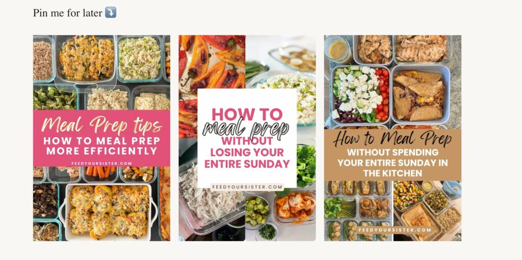 An example of Pinterest pins about meal prep tips on a blog post