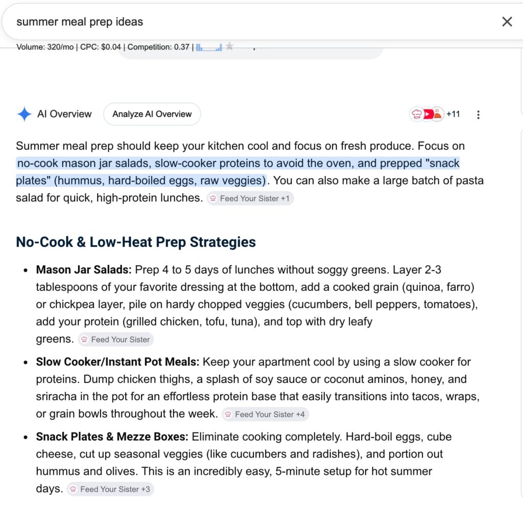 example of a summer meal prep blog post showing up in AI search results